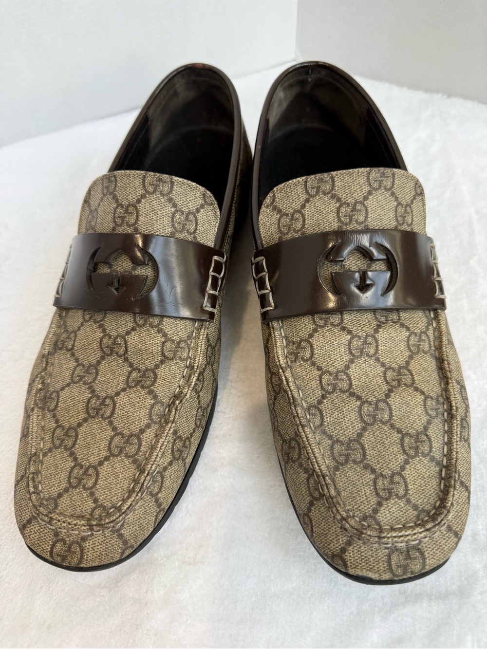Gucci Authentic Mens Shoes 10.5 GG Canvas Leather Penny Loafers Resoled